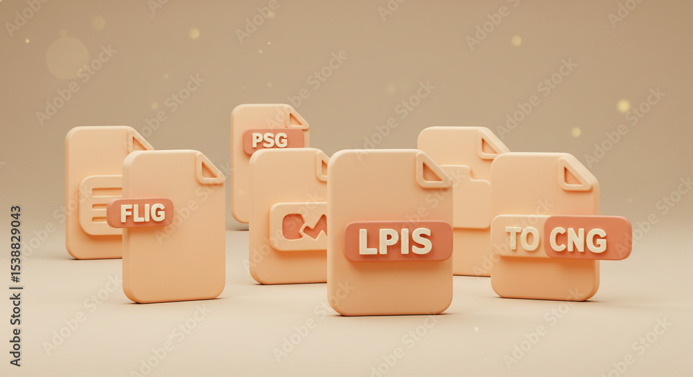 Poster a collection of stylized file icons with various extensions displayed against a light beige backdrop