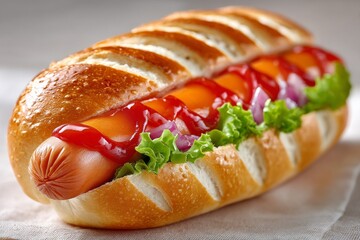  Hot dog clásico con salchicha, lechuga, cebolla y salsas dentro de un pan dorado con cortes decorativos.
