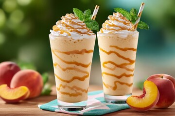  Dos batidos de durazno cubiertos con crema batida y jarabe de caramelo, decorados con menta fresca y servidos en vasos altos.
