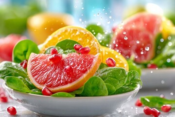  Ensalada fresca de hojas verdes con rodajas de toronja, naranja y semillas de granada, con gotas de agua brillando.
