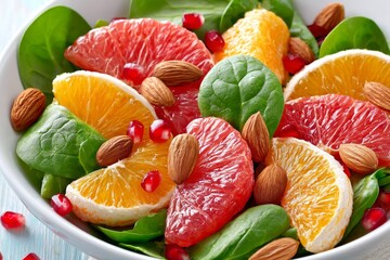  Ensalada colorida con hojas de espinaca, segmentos de naranja y toronja, semillas de granada y almendras enteras.
