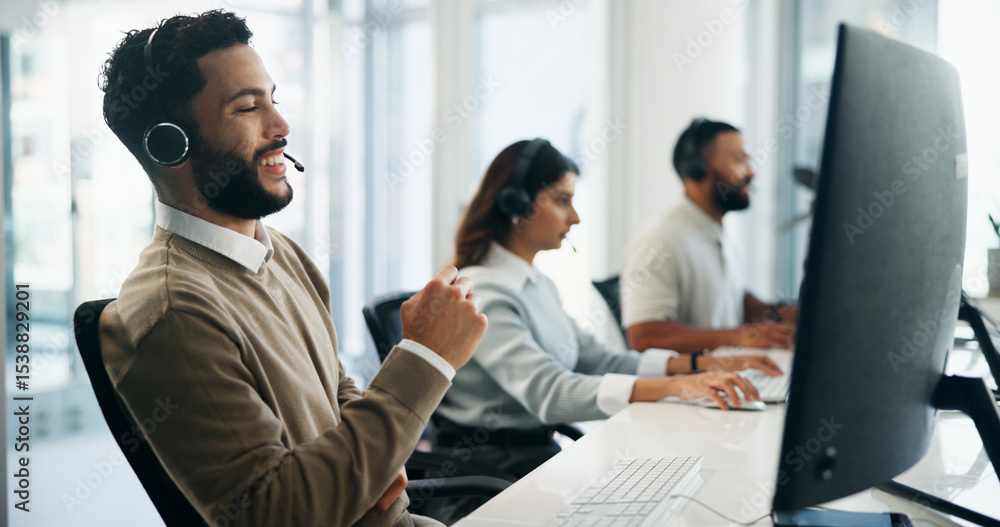 Poster computer, smile and support with man in call center for assistance, conversation or solution. contac