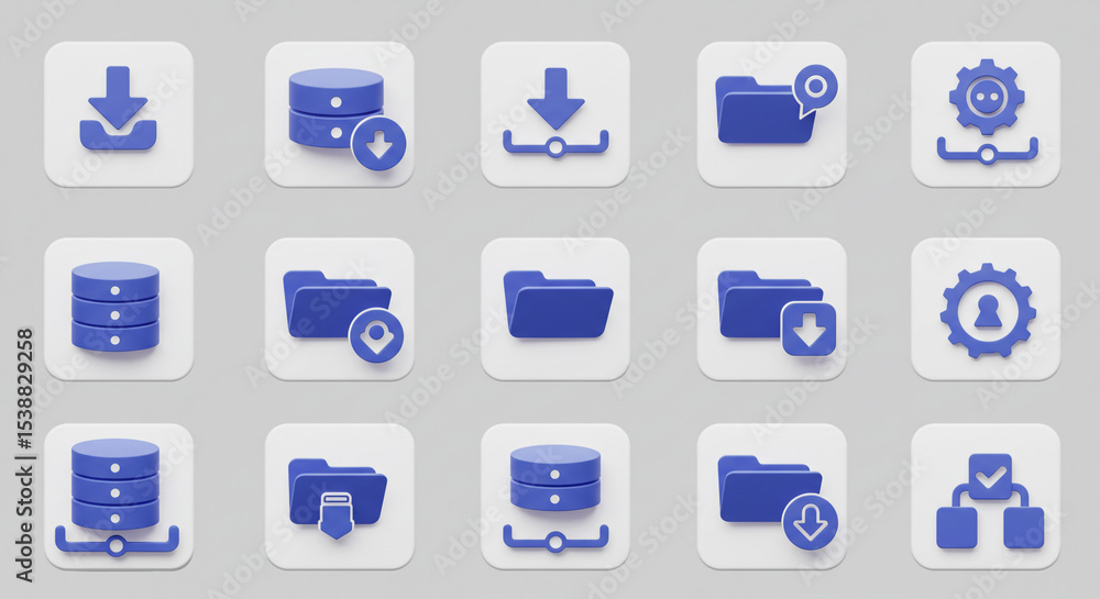 Poster collection of blue and white data and folder icons on square tiles arranged in a grid pattern
