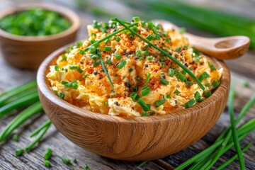  Ensalada de huevo cremosa servida en bol de madera, decorada con cebollino fresco y especias rojas.
