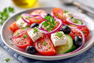  Plato de ensalada griega con tomate fresco, pepino, cebolla morada, aceitunas negras y queso feta en cubos.
