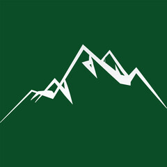 A bold, minimalist illustration of jagged white mountain peaks against a solid dark green background, conveying a sense of adventure, nature, or achievement.