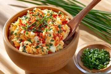  Pasta de huevo cremosa servida con pimentón y cebollino fresco, presentada en bol rústico con cuchara de madera.
