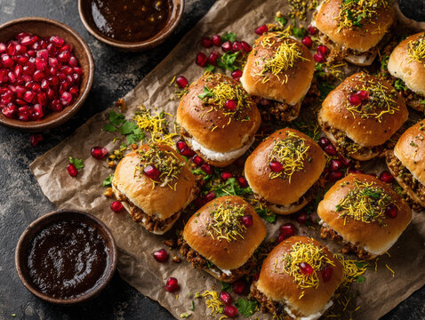 Indian Street Food Dabeli Styled with Spilled Sev and Chutneys &ndash; Top View