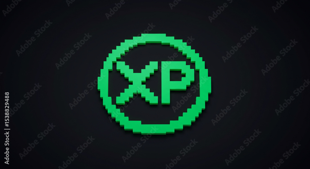 Poster a pixelated green xp logo with a circle around it on a dark background in a rendered image style