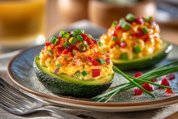  Mitades de aguacate rellenas de mezcla de huevo con pimientos, condimentos y cebollino, servidas sobre un plato rústico.
