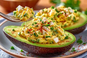  Aguacates rellenos de ensalada de huevo con cubos de queso, decorados con perejil fresco, pimentón y cebollín, servidos con tenedor.
