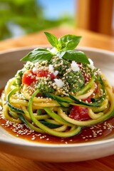  Espaguetis vegetales cubiertos con salsa verde, tomate fresco y semillas de sésamo blanco y negro, decorados con hojas de albahaca.
