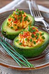  Mitades de aguacate rellenas de huevos revueltos, espolvoreadas con pimentón y cebollino, presentadas sobre un plato de cerámica.
