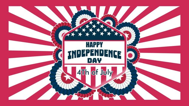 Looping 4K animation for 4th of July featuring bold red rays, patriotic rosettes, and a central Independence Day badge. Energetic, festive, and perfect for celebrating American freedom.