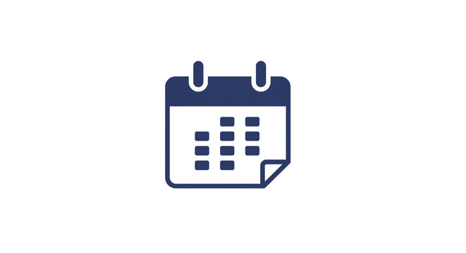 A simple dark blue calendar icon with a curled page corner isolated on a white background design icon