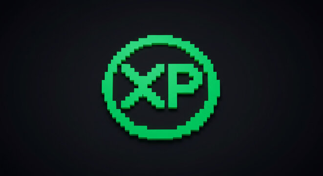 A pixelated green xp logo with a circle around it on a dark background in a rendered image style