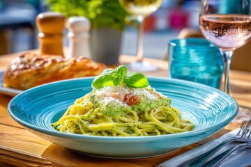  Plato de pasta tradicional con salsa pesto, queso rallado y albahaca fresca en plato azul. Servido con vino rosado y pan.
