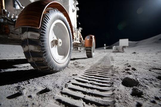 Lunar rover tire track on moon surface with stars in background  