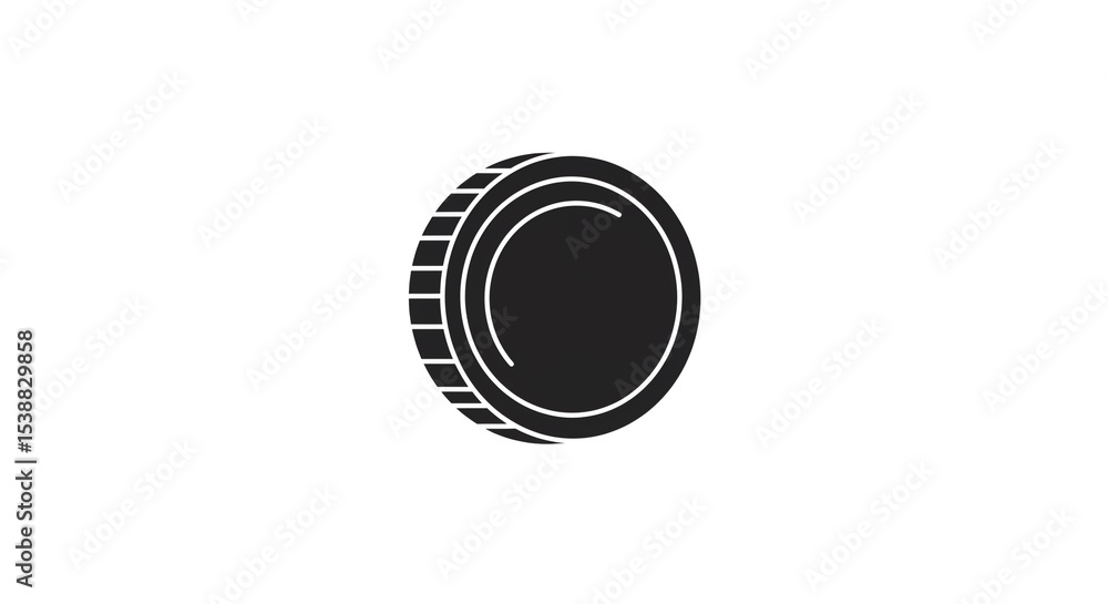Poster a minimalist black and white image of a coin with a ridged edge on a plain white background space