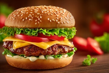  Hamburguesa con doble queso, tomate, lechuga y mayonesa sobre fondo rústico de madera. Fondo cálido desenfocado.
