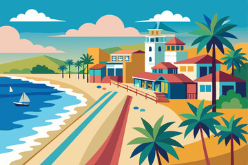 Coastal cityscape with palm trees, luxurious resorts, and tropical beaches ideal for summer travel and swimming vacations