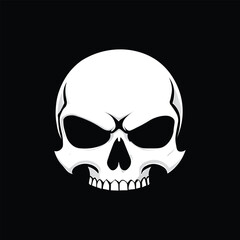 A stylized white human skull with ominous dark eye sockets and a detailed jawline, set against a stark black background. The design is bold and impactful.