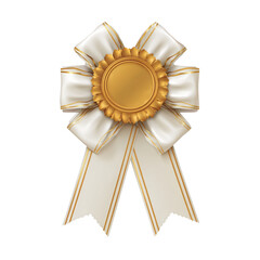Golden award ribbon with circular medallion and elegant white satin bows, symbolizing achievement and recognition. This decorative item is perfect for celebrating accomplishments and milestones