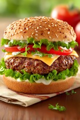 Hamburguesa tradicional con carne jugosa, queso, rodajas de tomate y lechuga sobre una servilleta en mesa de madera.
