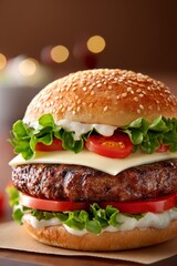  Hamburguesa con carne a la parrilla, lechuga, tomate, queso y mayonesa, decorada con luces suaves de fondo.
