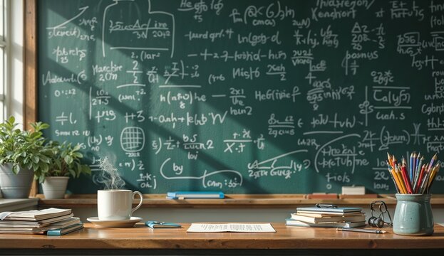 classroom with a cup jar of color pencils and written blackboard - Powered by Adobe