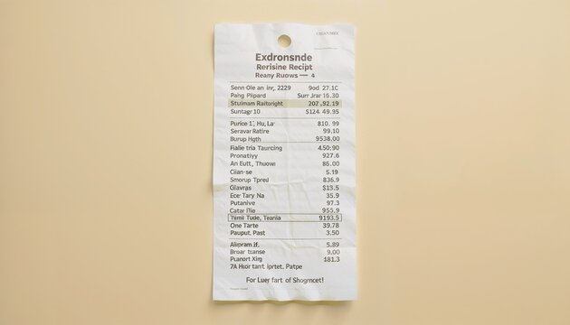 "A crumpled shopping receipt with detailed itemized list, centered on a beige pastel background, minimalistic top-down flat lay photography, realistic paper texture, soft shadow, high-resolution comme