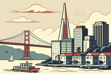 Fototapeta premium San Francisco city skyline with the Golden Gate Bridge over the bay, featuring iconic architecture and the vast sky