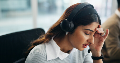 Headache, stress and call center with business woman in office for crisis hotline, depression or...
