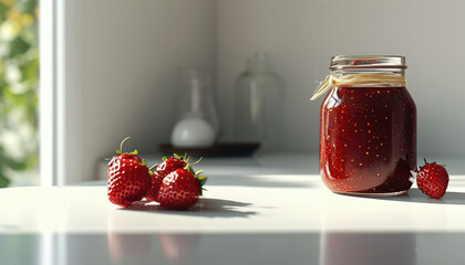 Shelf display of clean glass jars filled with strawberry preserves and fresh strawberries with copy space