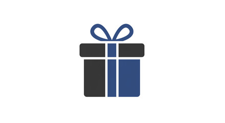 A stylized gift box icon with a blue bow and two tone box on a white background in a simple design
