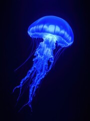 Illuminated jellyfish moving through the water. Isolated on dark background