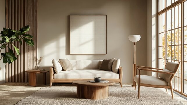 Elegant modern living room with light wood furniture, minimalist decor, neutral tones, large windows, and natural light, perfect for interior design, real estate staging, and lifestyle branding