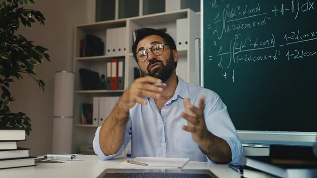 Middle-aged male math tutor conducting virtual class, online education session