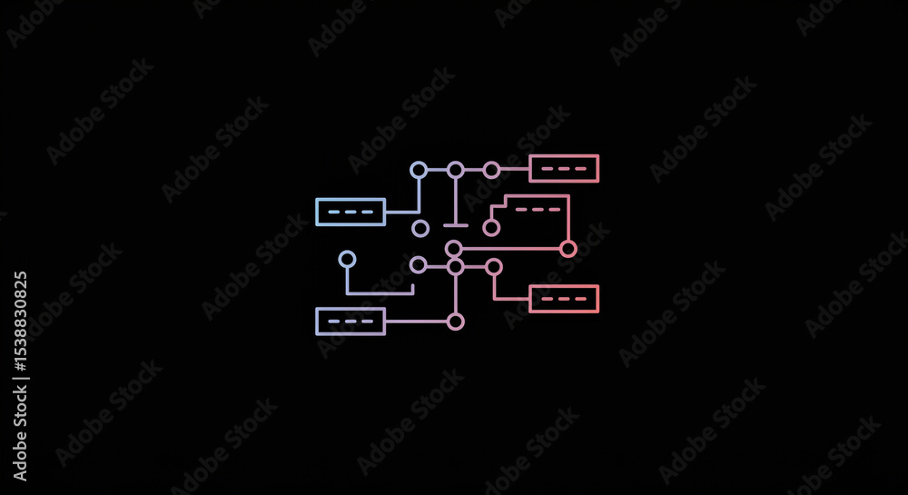 Aufkleber a schematic diagram with lines and circles in blue and pink on a black background showing connection