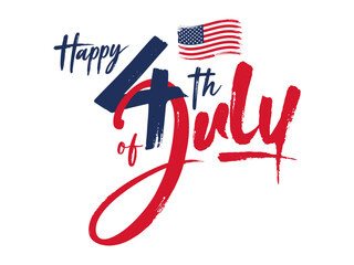 Happy 4th of july handwritten brush lettering vector banner, calligraphy, logo, American flag isolated on white background for USA Independence Day celebration, Social Media Post, Sale Template