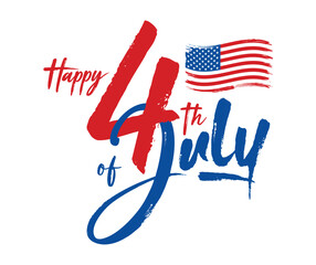 4th of July Banner USA Independence Day vector with American flag, Handwritten brush calligraphy lettering, text, logo of Happy Fourth of July isolated on white background. Sale template