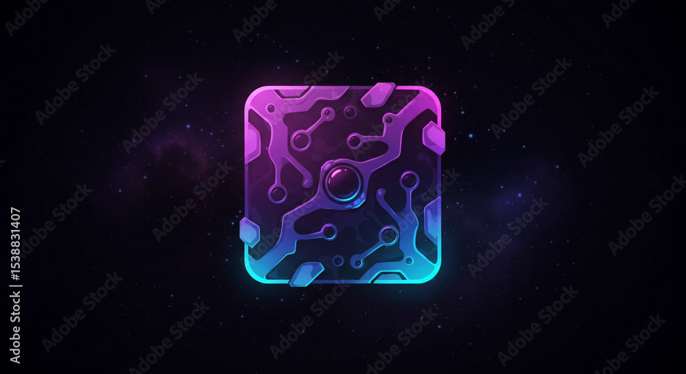 Poster a glowing square with circuit like patterns and a central button on a dark starry background design