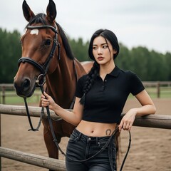 Obraz premium Elegant Woman with Horse Equestrian Fashion and Beauty