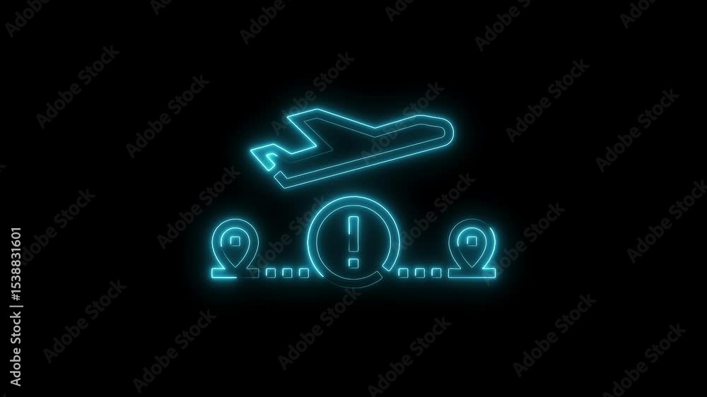 Poster flight delay animation with neon style airline and destination indicator on black backdrop
