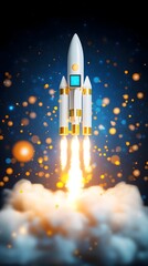 Rocket launching into space, fiery trail, cosmic background, startup concept