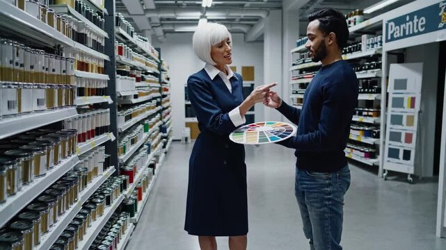 Shop assistant showing color palette to customer in paint store