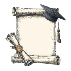 Graduation certificate design featuring blank parchment scroll, rolled diploma, and graduation cap. This illustration symbolizes achievement and educational success, perfect for celebratory
