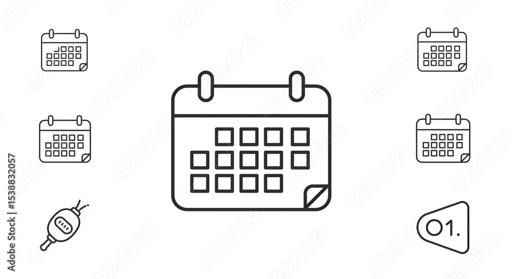 Poster a collection of calendar icons and a small device icon on a white background in a simple line drawin