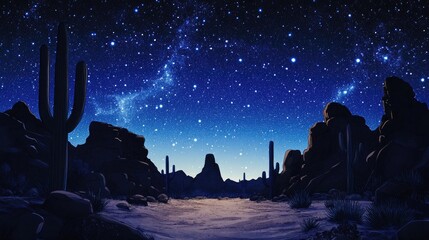 Fototapeta premium Stunning Night Sky Over Desert Landscape with Cacti Silhouettes and Bright Stars Displaying a Celestial Wonder