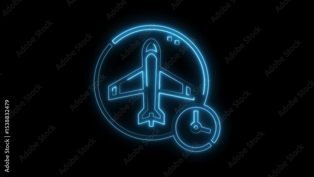 Poster neon airplane and clock icon animation showing flight schedule on black background